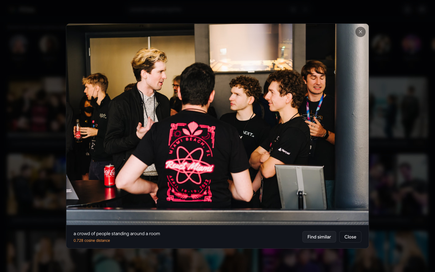 A photo opened in Atlas with its caption, cosine distance, and the Find similar button