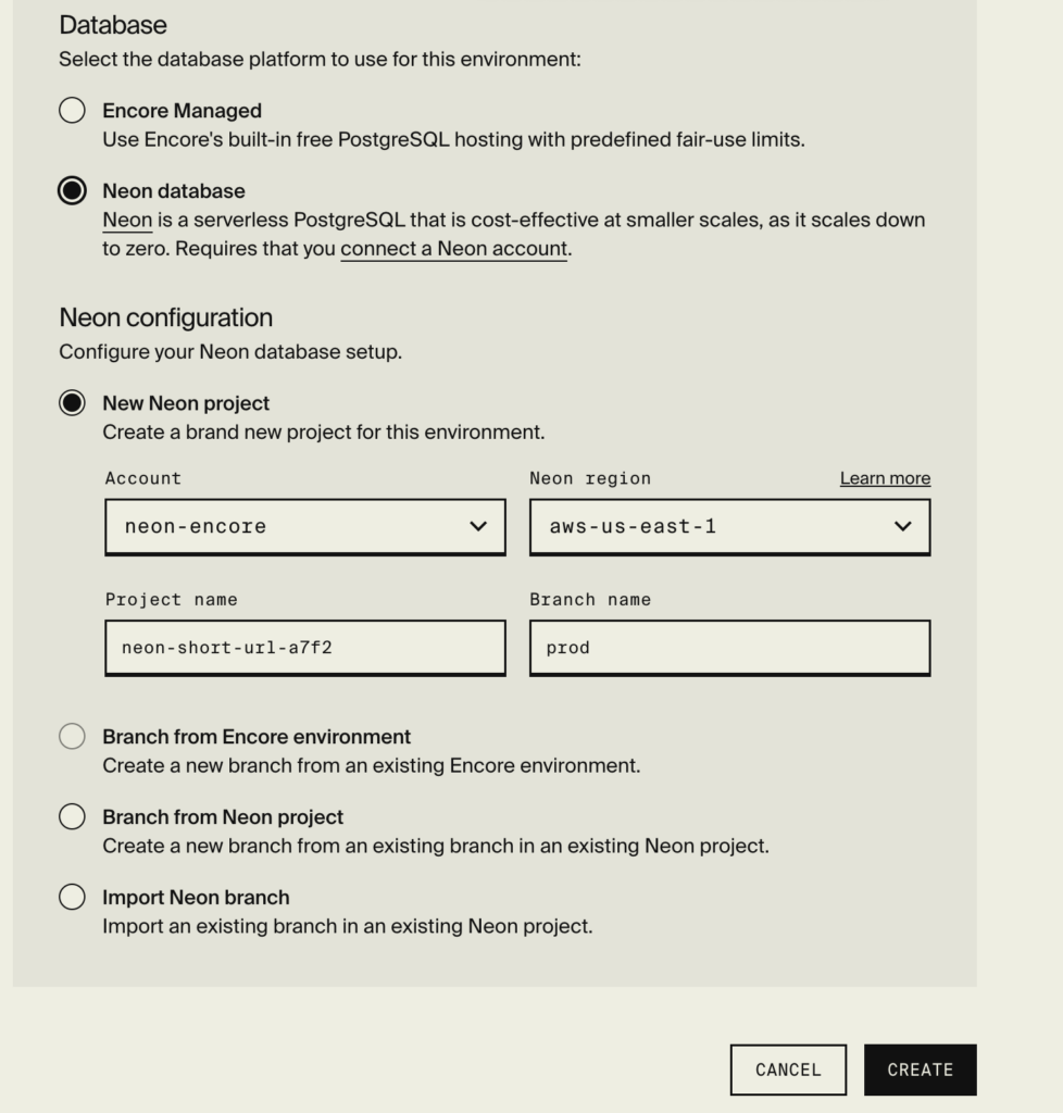 Encore create environment Postgres database