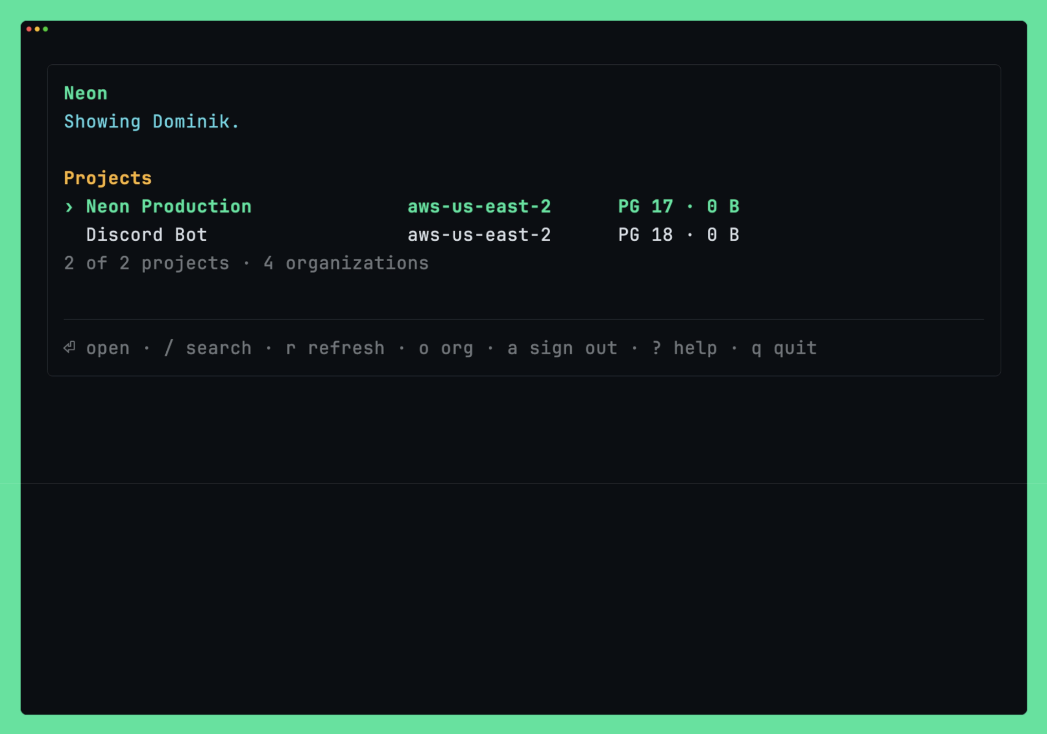 The Neon for Herdr project list showing each project with its region, Postgres version, and storage
