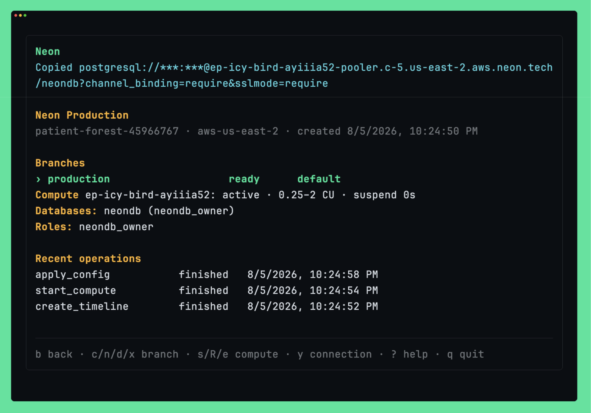 A masked connection string toast confirming the connection string was copied to the clipboard