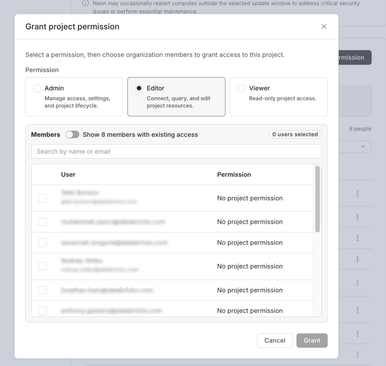Grant project permission dialog with Admin, Editor, and Viewer options